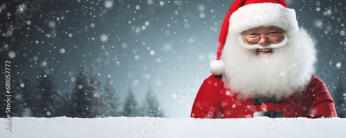 Afro Santa Claus is holding adertisement banner with copy space, christmas panorama. Generative Ai. © annamaria