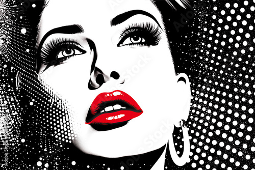Womans face with classic features  focus on eyes and red lips. Retro pop art portrait. Dramatic lighting  striking iconic image