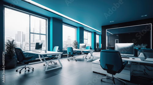 cubical office space with blue and white tiled floors and open windows, AI Generated photo