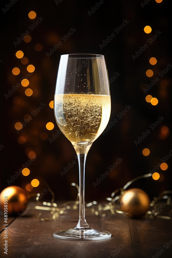 Glass of champagne on wooden table against defocused lights, closeup. Glass of champagne on wooden table against defocused lights, closeup.