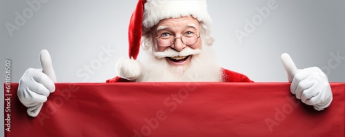 Santa Claus is holding adertisement banner with copy space, panorama. Generative Ai. photo