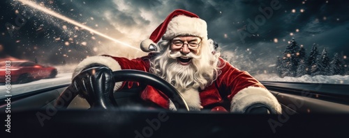 Santa Claus is driving car with fast delivery christmas presents, panorama. Generative Ai.