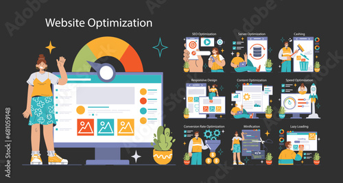 Website Optimization dark or night mode set. Expert showcasing strategies. SEO enhancements, responsive design, speed boost. Content refining, server tweaks. Flat vector illustration.