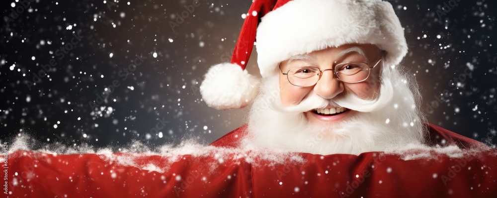 Santa Claus is holding adertisement banner with copy space, panorama. Generative Ai. Santa Claus is holding adertisement banner with copy space, panorama. Generative Ai.