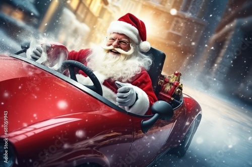 Santa Claus is driving car with fast delivery christmas presents. Generative Ai. © annamaria