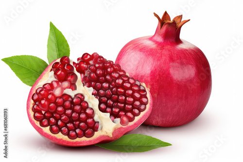 Pomegranate with cut in half isolated on white background.