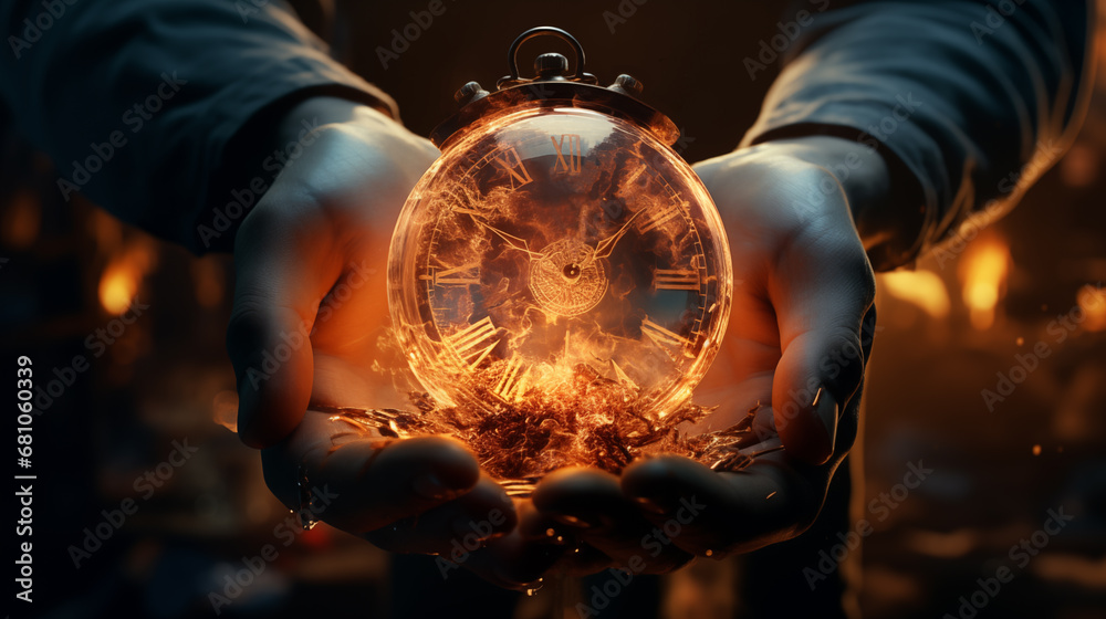 Clock is burning and melting in person's hand. Time To Act, Deadline or Time Is Running Out concept