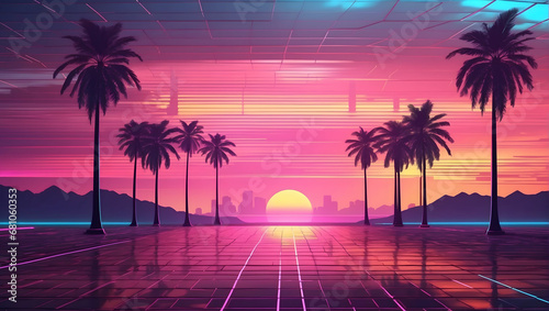 An abstract representation of retro-futuristic aesthetics  featuring neon grids  palm trees  and a sunset glow reminiscent of 1980s synthwave art.