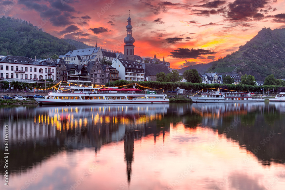 City embankment in the old medieval town of Cochem at sunset. Germany.