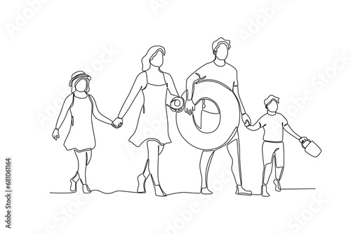 Continuous one line drawing active happy family on vacation at the beach. Trip and holiday concept. Single line draw design vector illustration
