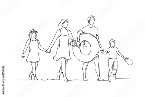 Continuous one line drawing active happy family on vacation at the beach. Trip and holiday concept. Single line draw design vector illustration 