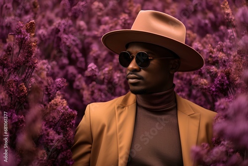 afro man wearing a fedora and sunglasses standing next to purple flowers, in the style of dark beige and light amber, eco-friendly, minimalist and monochromatic, bold colorism. generative AI photo