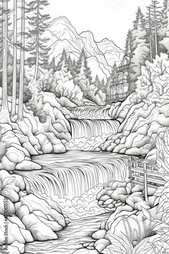 fall river clean line coloring page for Kids and adults