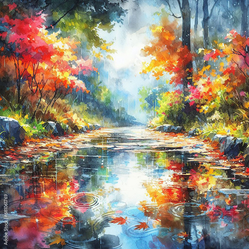 water painting of depict a scene where rain has created puddles on the ground  reflecting the vibrant colors of autumn leaves. Experiment with reflections  showcasing the leaves.
