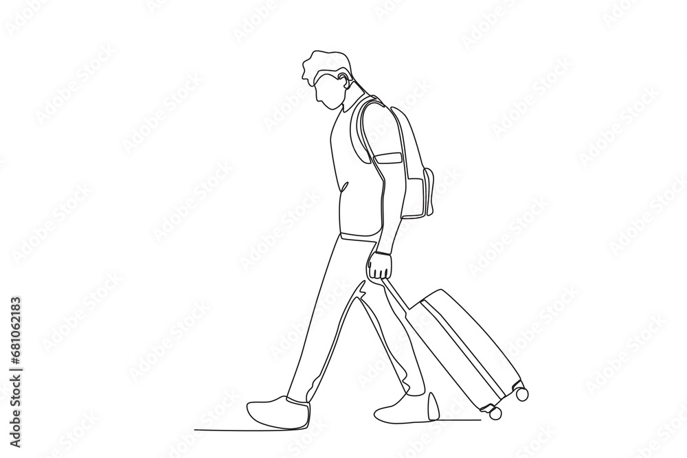 Fototapeta premium Continuous one line drawing active happy a man who is very tired when he comes home traveling. Trip and holiday concept. Single line draw design vector illustration 