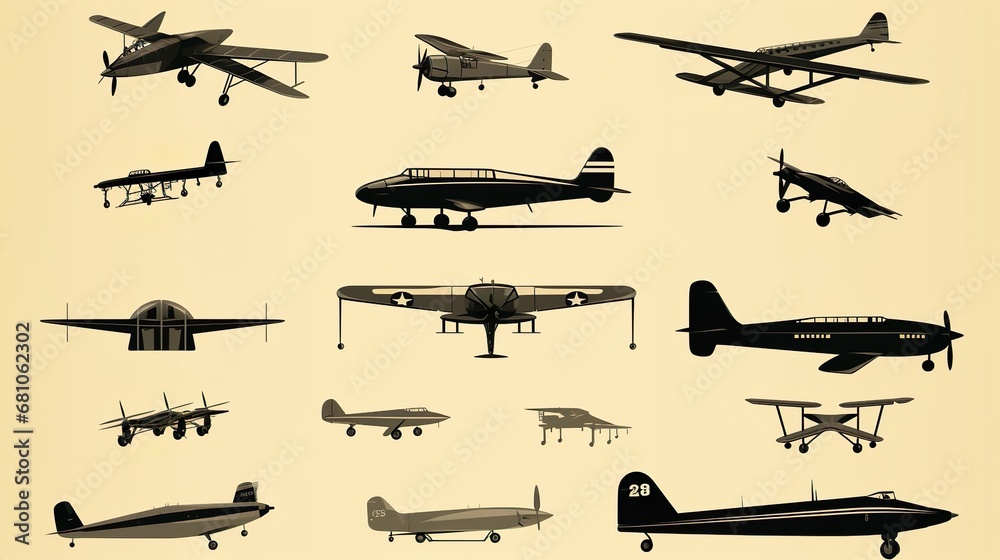 Aviation vectors. Vintage and modern aircraft silhouettes set