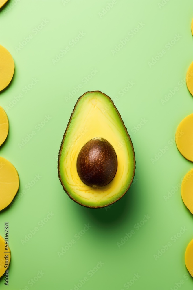 Avocado cut in half on green background. Minimal food concept.