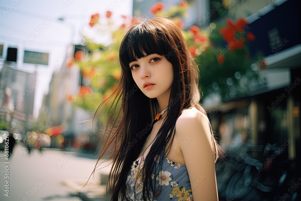 close up portrait of young pretty Asian woman walking in city street, Generative Ai close up portrait of young pretty Asian woman walking in city street, Generative Ai