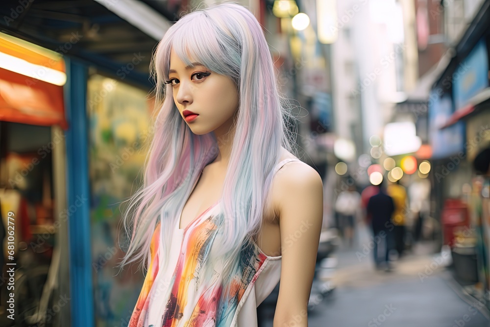 close up portrait of young pretty Asian woman walking in city street, Generative Ai