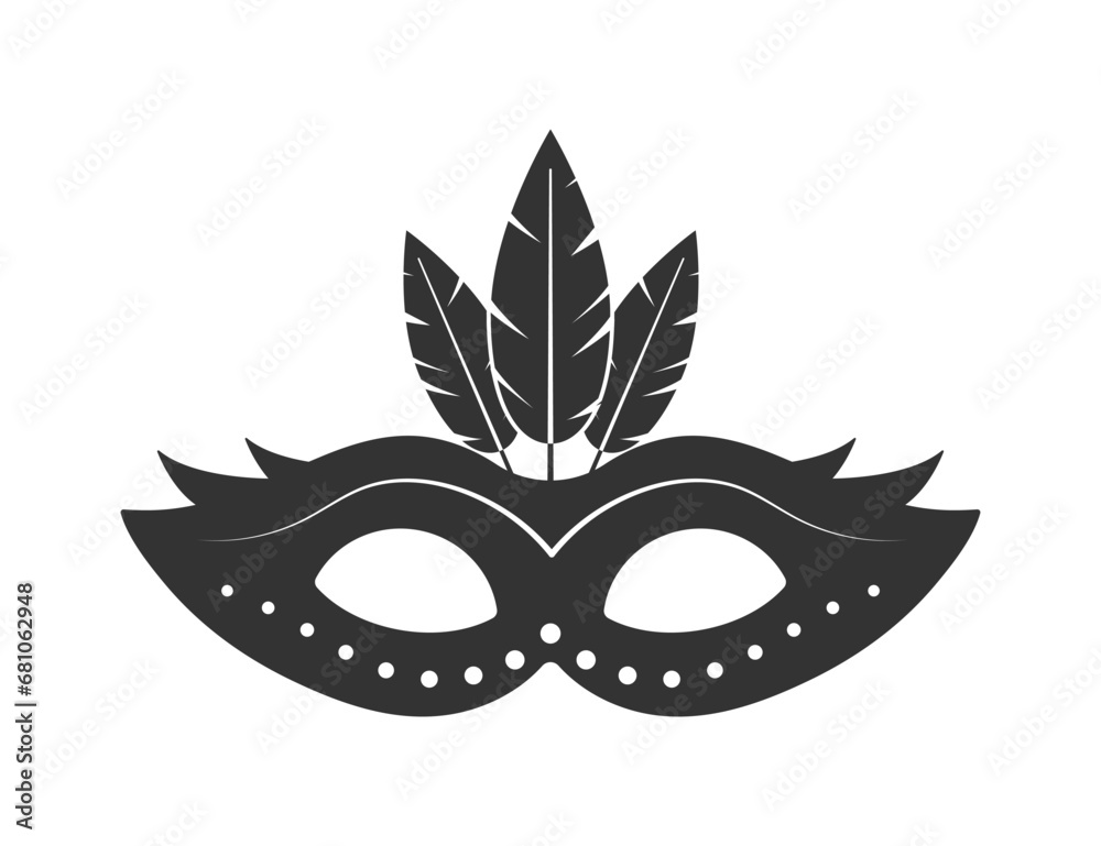 Carnival mask with feathers black silhouette icon isolated on white background. Masquerade costume element.