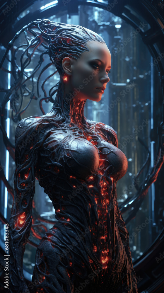 Queen mother of alien hive. An alien woman with glowing eyes, intricate details, spikes and tentacles form a crown on the creature's head.