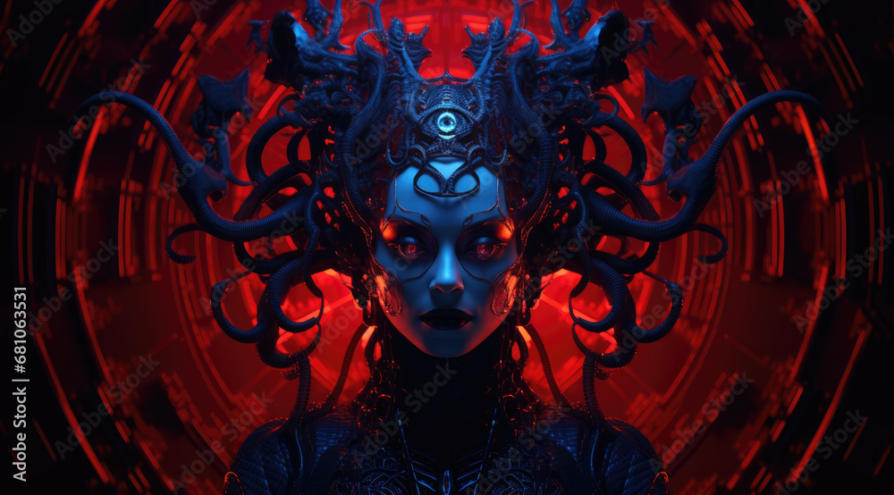 Queen mother of alien hive. An alien woman with glowing eyes, intricate details, spikes and tentacles form a crown on the creature's head. Queen mother of alien hive. An alien woman with glowing eyes, intricate details, spikes and tentacles form a crown on the creature's head.