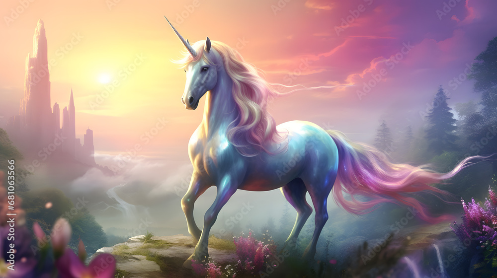 Enchanted Unicorn in Mystical Landscape at Sunset Enchanted Unicorn in Mystical Landscape at Sunset