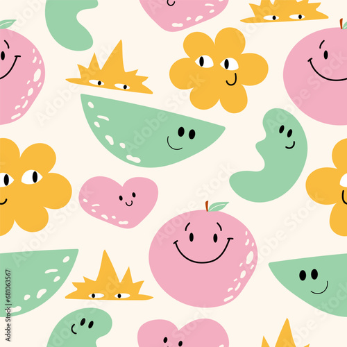 Colourful seamless pattern with abstract smiling shapes. Square vector childish design.