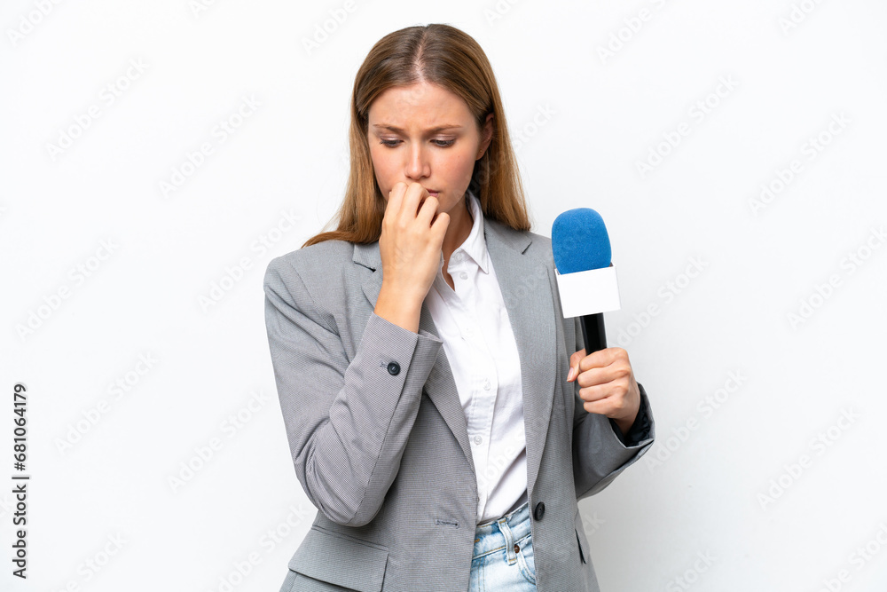 Young caucasian tv presenter woman isolated on white background having doubts Young caucasian tv presenter woman isolated on white background having doubts