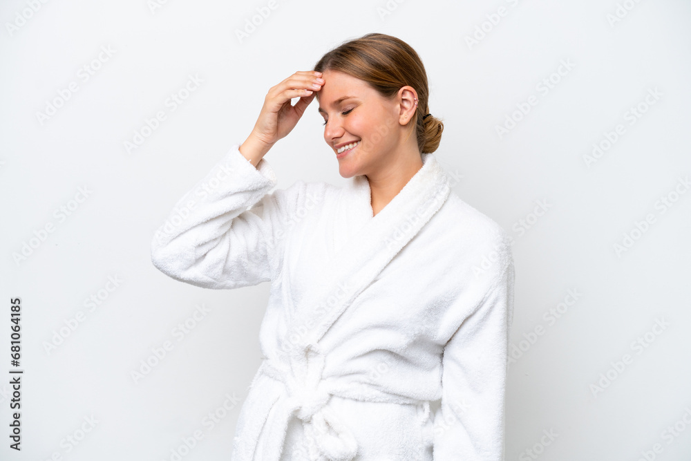 Young pretty blonde woman in bathrobe isolated on white background has realized something and intending the solution Young pretty blonde woman in bathrobe isolated on white background has realized something and intending the solution