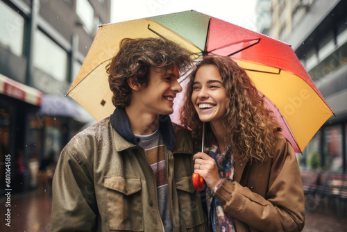 Young woman and man sharing an umbrella colorful on a rainy day