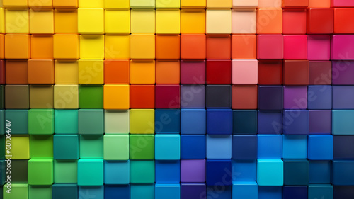 Abstract geometric rainbow colors colored 3d wooden square cubes texture wall.