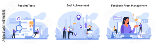 Professional Progress set. Employees excel in tasks, reach career objectives, and receive commendations. Passing tests, goal achievement, and feedback from management. Flat vector illustration.