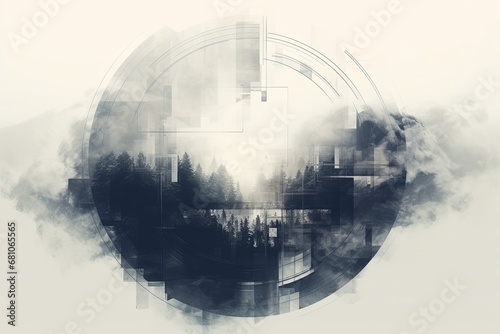 Double exposure of modern black and white forest and circle