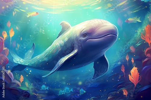 A vast ocean with gentle whale that is swimming