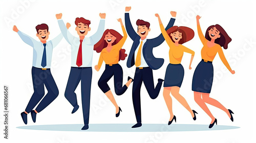 Happy smiling people jumping at work winning party Flat vector illustration daily activities working AI Generated