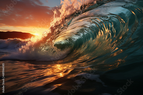 a wave is breaking on the ocean at sunset