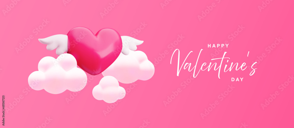 Happy Valentines Day banner, flying 3d red heart with wings and pastel pink clouds on pink background. Trendy realistic 3d cartoon romantic illustration for greeting banner, sale design, web template