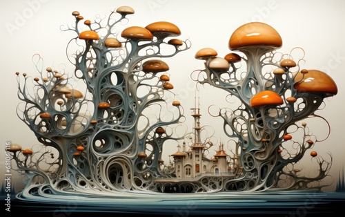 Mushroom landscape jungle with the castle. photo