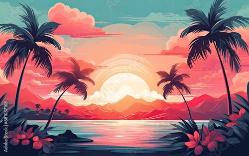 Tropical sunset with trees.