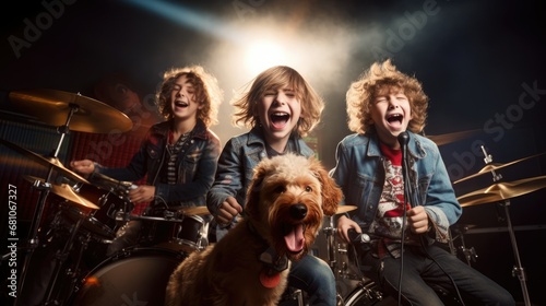 kids rock band playing in music studio with Dog, Fun and powerful
