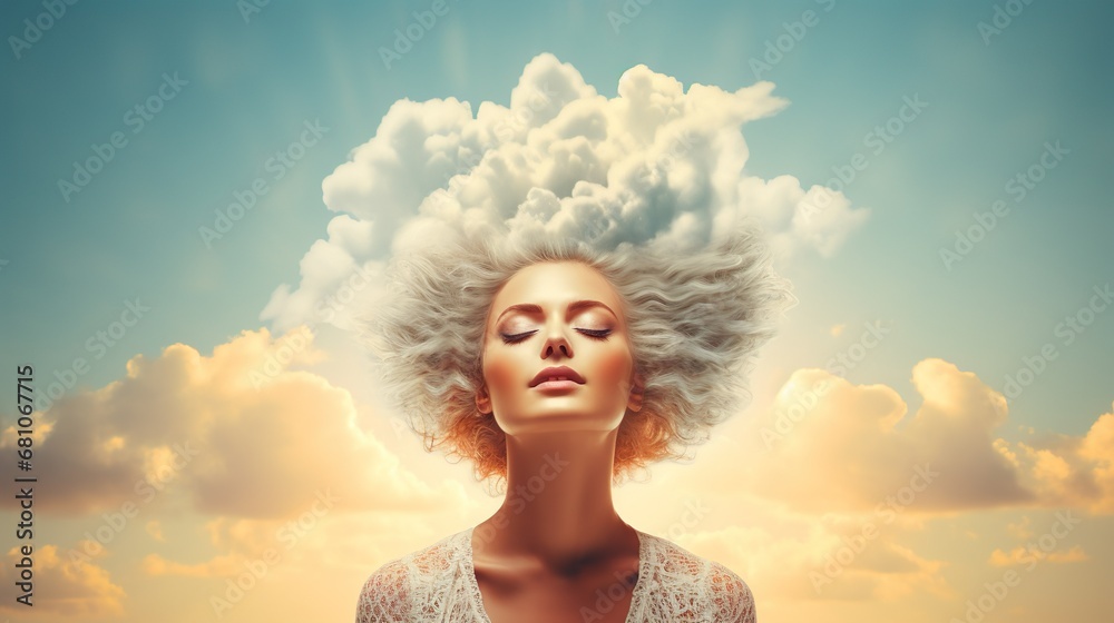 Woman with sun over clouds in her head. Mental health concept.