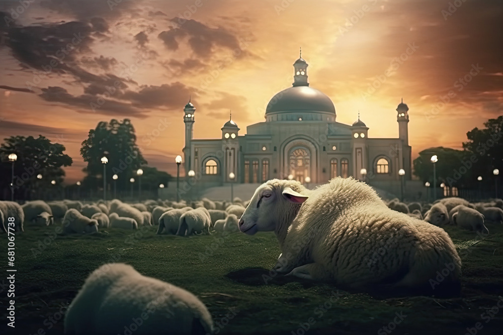 Obraz premium 3D illustration of Mosque Eid Al Adha, Greeting Poster, AI Generated