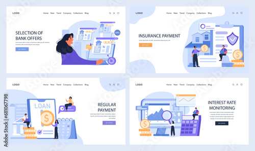 Banking activities set. A woman examines various bank offers, clients navigate insurance payments, individuals paying loans, and professionals monitor interest rates. Flat vector illustration.