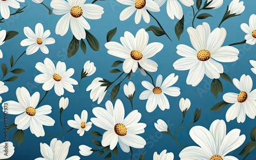 Seamless pattern blue background with white flowers.
