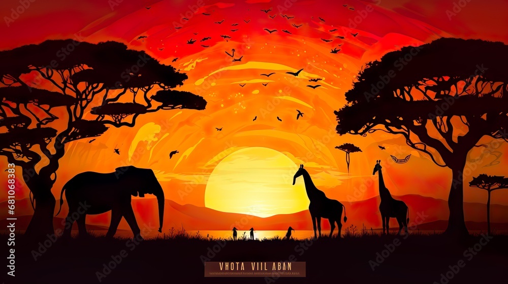 Beautiful African landscape at sunset with giraffes, trees and bushes ...