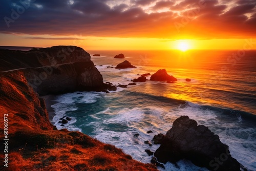 A perfect sunset at the ocean with cliffs.