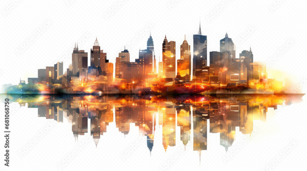 Fototapeta premium Illuminated cityscape on a transparent background, AI Generated