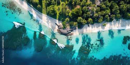 Aerial paradise with turquoise seas, sandy shores, and lush green landscapes. photo