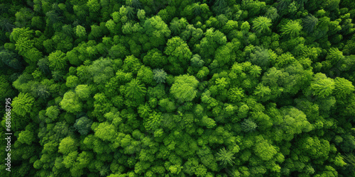 A lush green forest captured from an aerial perspective, showcasing the vibrant foliage, natural textures, and patterns of the landscape in spring or summer.